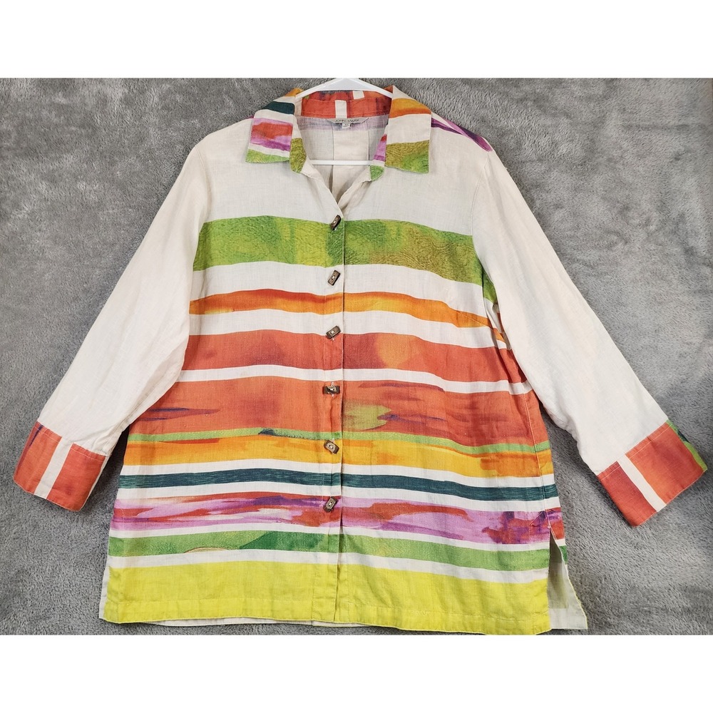 John Mark Shirt Womens Medium Multicolor Stripe Watercolor Linen Button Down